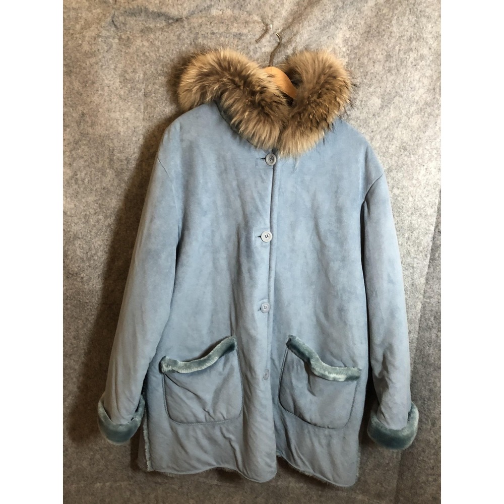 1 Madison Coat Women 1X Blue Faux Suede Hooded Fin Raccoon Fur Trim Parka Winter